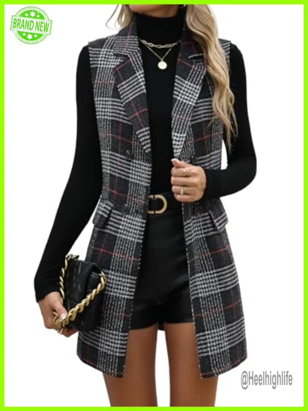 Sleeveless Double Breasted Plaid Vest with Notch Collar Pockets